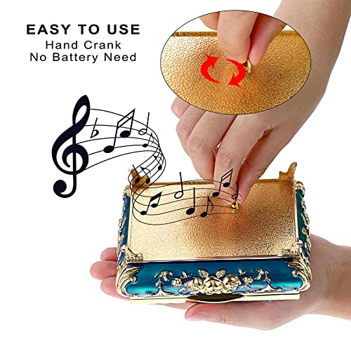 ELLDOO Vintage Music Box, Blue Metal Musical Jewelry Box Keepsake Box, Small Trinket Jewelry Storage Box Gift for Girl Women (Tune: You are My Sunshine)