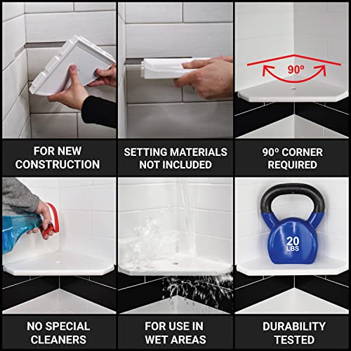 Questech 8" Corner Shower Shelf - Lugged for New Construction, Shower Organizer for Tiled Walls, Corner Caddy Soap Dish Bathroom Storage, Geo Lugged, Gold Finish