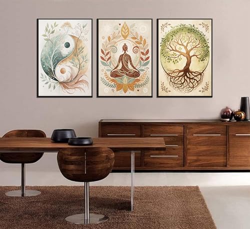 3 Pcs Tree of Life Canvas Wall Art Lotus Zen Painting Pictures Wall Decor Yin Yang Taichi Spiritual Prints Posters for Living Room Yoga Room Hotel Bedroom Home Decor 12x16in Unframed 16L"×12W" poster