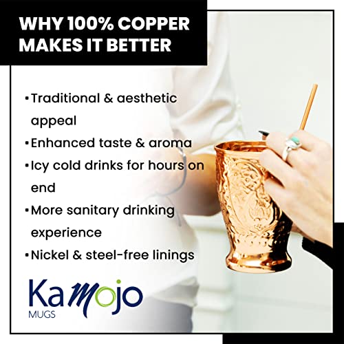 Kamojo Copper Cups Set of 2 with Unique Handcrafted Embossed Design with Anti-Tarnish Food-Grade Coating - Moscow Mule Copper Mugs Gift Set with 2 Straws & Recipe E-Book, 16 oz 2 Pack