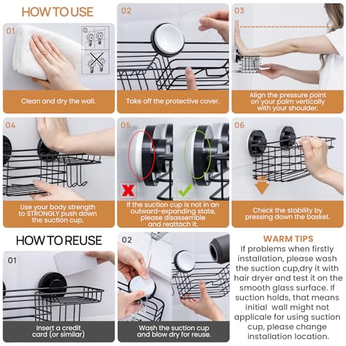 LEVERLOC shower caddy with suction cups and hooks, black, 2-pack, for bathroom shower organization and storage.