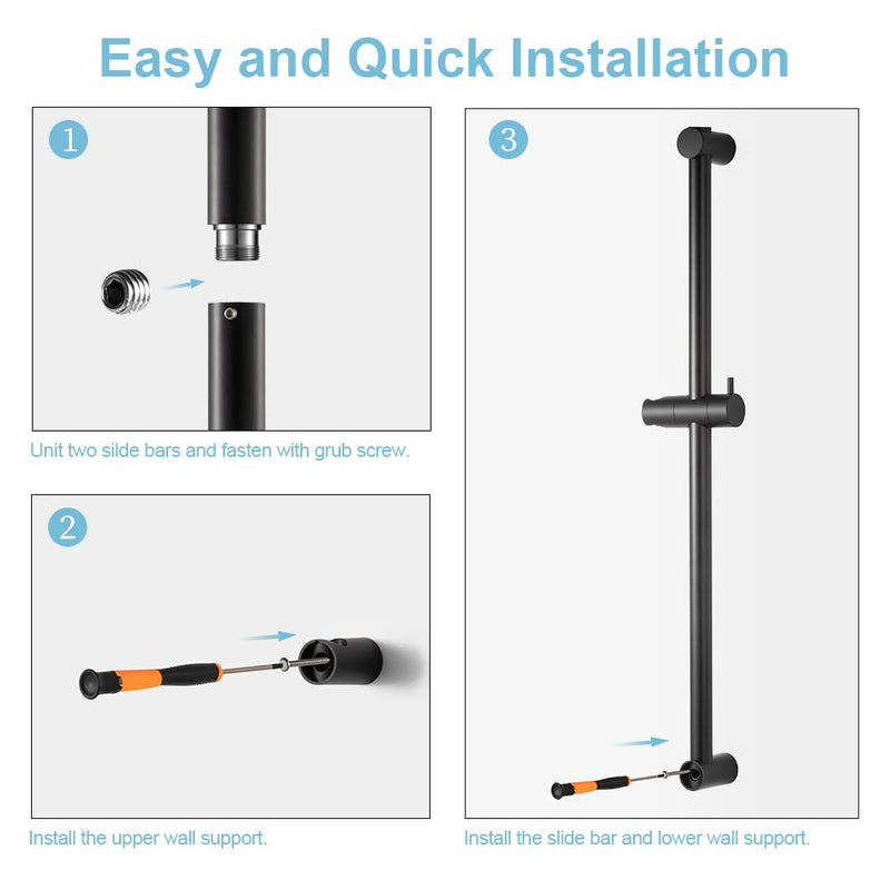 OFFO Shower Slide Bar 33 in Segmental Slide Bar Adjustable Installation Distance 20-32 in with 360° Adjustable Handheld Shower Head Holder for Bathroom, Screw Wall Mounted, Matte Black