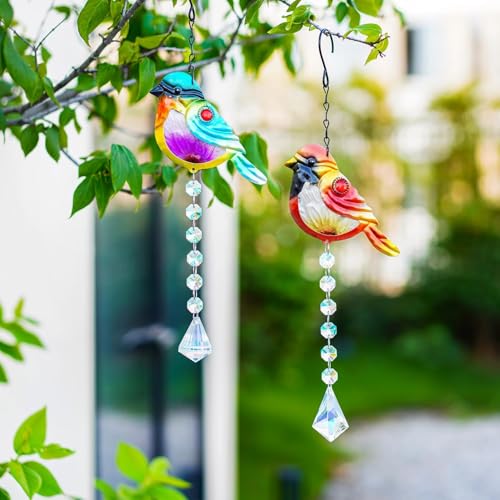 Stained Glass Bird Suncatchers with Crystal Prisms, Rainbow Light Effect Window Hanging Ornament for Christmas Tree, 21.2 Inch Length, Set of 2