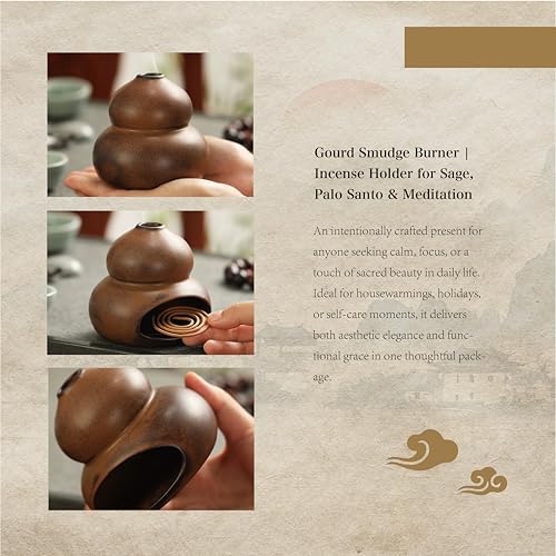 Gourd Incense Burner - Elegant Ceramic Smudge Bowl & Sage Holder for Spiritual Space Cleansing, Focused Meditation, Yoga Practice and Peaceful Home Ambiance gourd