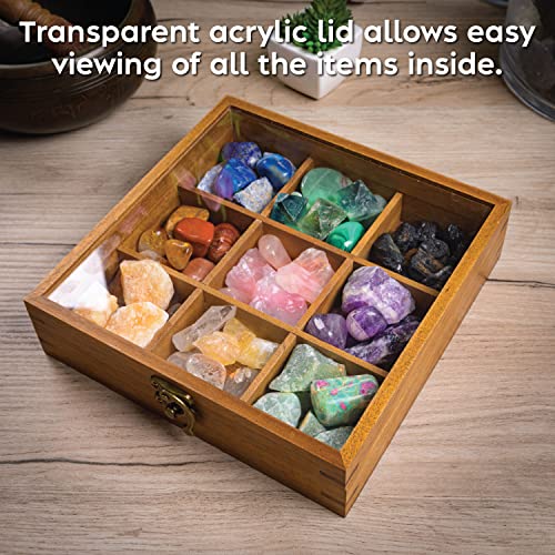 Rock Display Case - 8" x 8" Rock Collection Box for Kids & Adults - Crystal Holder for Stones Display Shelf with 9 Compartments & Acrylic Lid - Gemstone & Crystal Storage Box Organizer