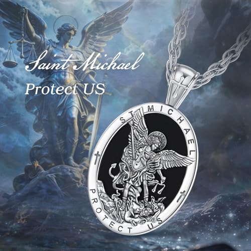 EUDORA St Saint Michael Necklace Medal for Women Men Silver-Plated Copper with Obsidian, Archangel St Michael Pendant for Protection Medalla de San Miguel Arcangel Jewelry Gifts for Mens Women, 22"