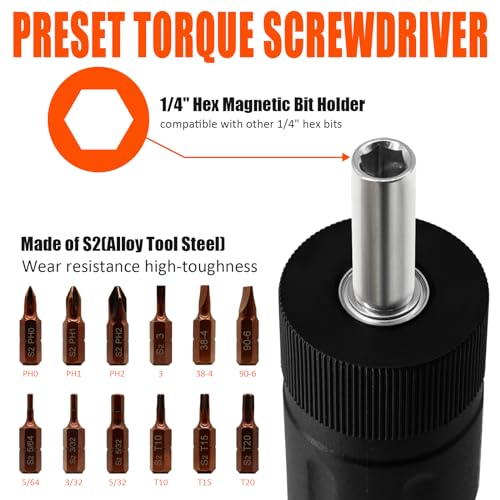 coobeast 13Pcs Preset 1/4” Drive Torque Screwdriver with S2 Bits 13 PCS