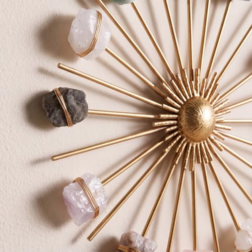 Marsui Sunburst Crystal Wall Decor, Gold Metal Sun Wall Art with Natural Chakra Stones, Boho Celestial Hanging for Bedroom Living Room Meditation, Summer Modern Spiritual Home Decor Gift for Women