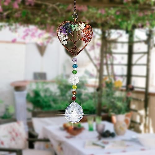 Window Hanging Suncatcher with Crystal, Tree of Life Suncatcher Garden Hanging Rainbow Maker Ornament (Tree of Life-Heart) Tree of Life-heart