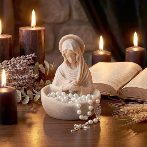 Lineshading Mary Rosary Holder Statue, Classical, Sandstone Color Classic