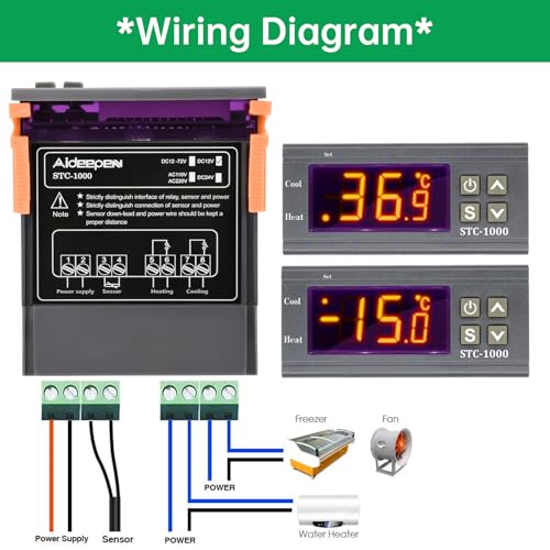 Aideepen Digital Temperature Controller, STC-1000 DC 12V 10A Thermostat Control Switch 2 Relay Output with NTC 10K Sensors for Heating and Cooling