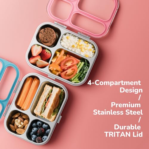 G.a HOMEFAVOR Stainless Steel Bento Lunch Box, Pink, 800 ml/27 oz 27 oz(4-Compartment)