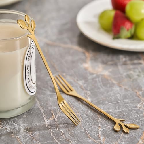 AnSaw Gold Swan Base Holder Set with 10-pcs Mini Leaf Dessert Forks-4.7"