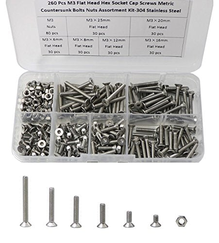 Zovfam M3 hex socket flat head screws with nuts, 304 stainless steel, 260-piece assortment set