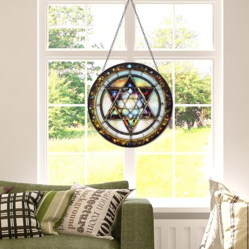 Star of David Stained Glass Window Hanging Suncatcher with Chain - 7.9" Outdoor/Indoor Art Decor for Home Garden, Thanksgiving, Wedding, Mother's, Valentine's & Christmas Ornaments Present Star of David