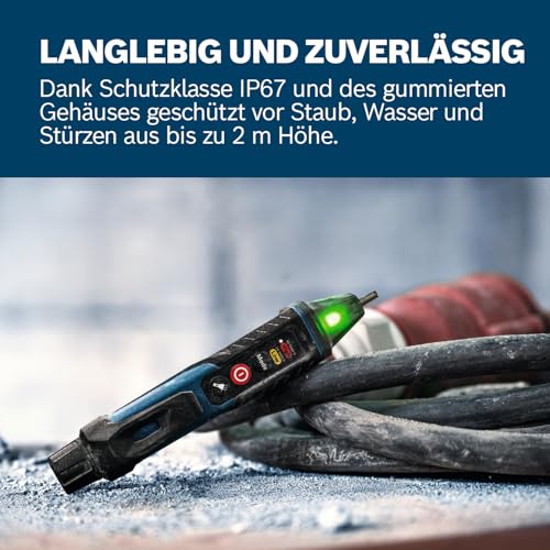 Bosch Professional Voltage Tester GVD 1000-17 | Non-contact voltage detection, IP67, dual range 24-1000V AC, integrated torch, belt clip, CAT IV 1000V tested