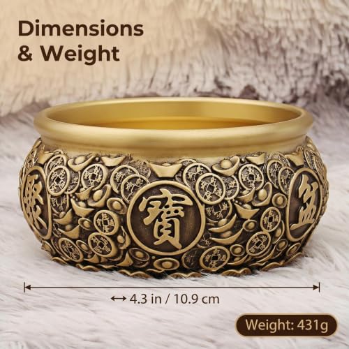 Solid Brass Feng Shui Money & Wealth Bowl, Coins & Ingots, 431g 10.9cm