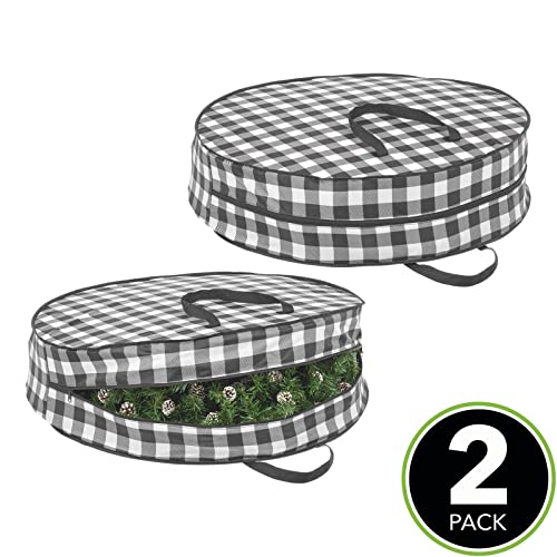 mDesign Round 30" Wreath Storage Container with Handles, Fabric Christmas Wreath Storage Bag, Protector, Garland Storage Bag Container, Holiday Decoration Organizer - 2 Pack, Buffalo Plaid Black/White 30 x 30 x 8