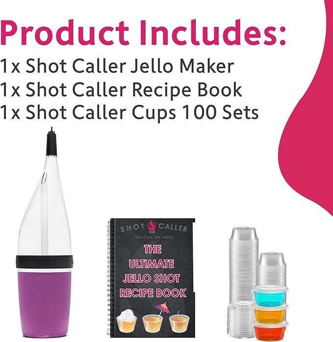 Ultimate Jello Shot Party Pack Kit - Shot Caller Dispenser with Patented Spring Tip + Exclusive Recipe Book + 100 Count 2 oz Cups with Lids | No-Mess Fast Filling for Parties & Halloween