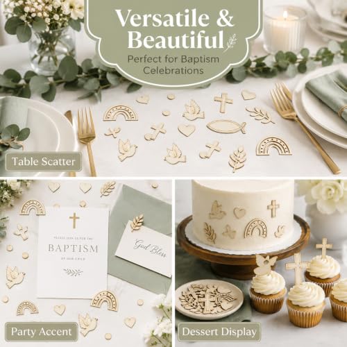 Bolosa Wooden Christening Confetti, 200 Piece Christening Table Confetti with Cross, Angel, Dove and Rainbow, Baptism Table Scatter, Baby Shower Decorations and Christening Party Decorations