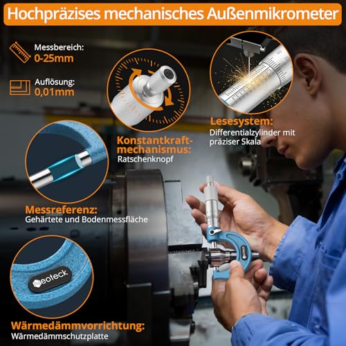 Neoteck Micrometer Outside Micrometer Micrometer Caliper 0-25 mm/0.01 mm for Measuring Small Parts, Gaskets and Wires 1