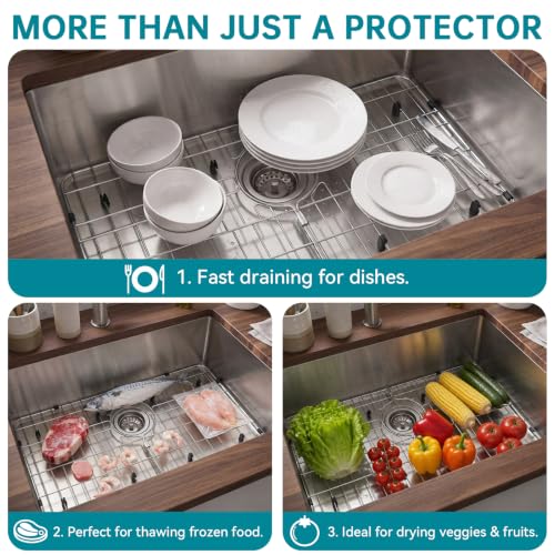 SOVYEN 26x14-inch detachable sink rack and kitchen sink grid for bottom of sink, cabinet accessories, metal construction, fits standard sinks