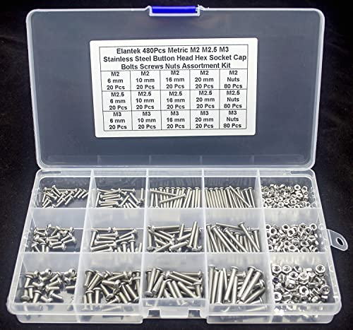 Elantek 480-piece metric stainless steel button head hex socket screw and nut assortment kit M2 M2.5 M3