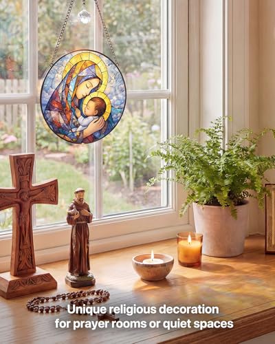 7.8" Stained Glass Window Hanging, Virgin Mary and Baby Jesus Suncatcher Jesus and Mary