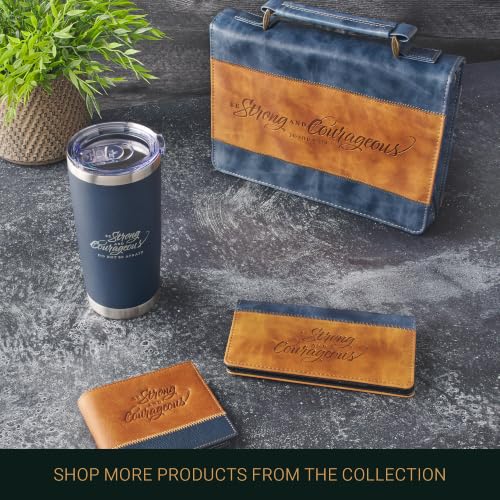 Christian Art Gifts Faux Leather Scripture Bookmark: Strong and Courageous Brown/Navy - Be Strong