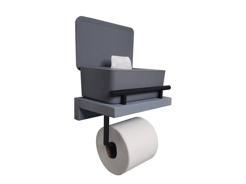 Wood Toilet Paper Holder With Shelf - Rustic Pine Wood Shelving with Bar & Black Metal Storage Rack For Tissue Rolls, Wipes, Hand Towels - Wall Mounted Modern Farmhouse Bathroom Organizer Weathered Grey