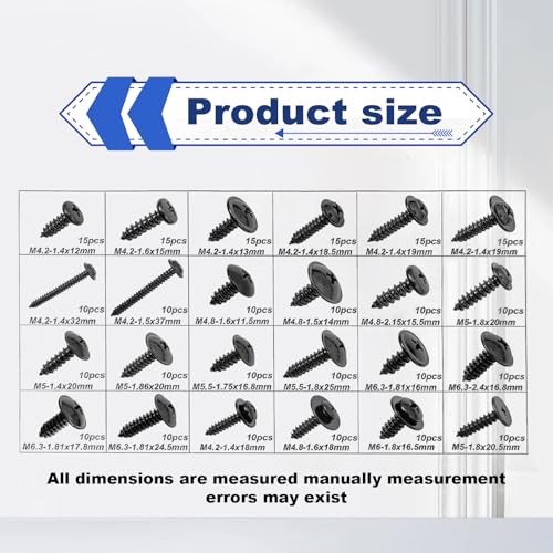 270pcs Black Self Tapping Screws Assortment Kit, Automotive Body Screw Washer Head Screws Assortment Kit #8#10#12#14 for Metal, Plastic and RV