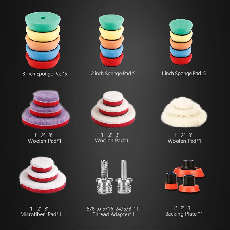 [Australia - AusPower] - SPTA 29pcs Drill Buffing Pad Detail Polishing Pad Mix Size Kit with 5/8-11 Thread Backing pad & Adapters for Car Sanding, Polishing, Waxing (32Pcs Mini Detail Polishing Sets) 32pcs 