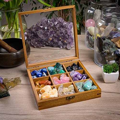 Rock Display Case - 8" x 8" Rock Collection Box for Kids & Adults - Crystal Holder for Stones Display Shelf with 9 Compartments & Acrylic Lid - Gemstone & Crystal Storage Box Organizer