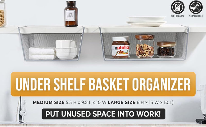 YBM Home Under Shelf Basket (2-Pack) Mesh Stainless Steel Storage Under Cabinet Hanging Basket Rack Maximize Space in Cabinets, Pantry Room, Bathroom, Laundry Room, and More, 1131 2 6x15x10 large