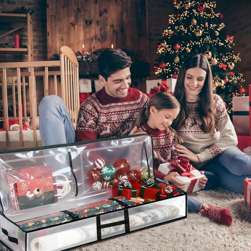 Clear Abbylike 2-pack Christmas underbed gift wrap organizers with compartments for storing wrapping paper and accessories.