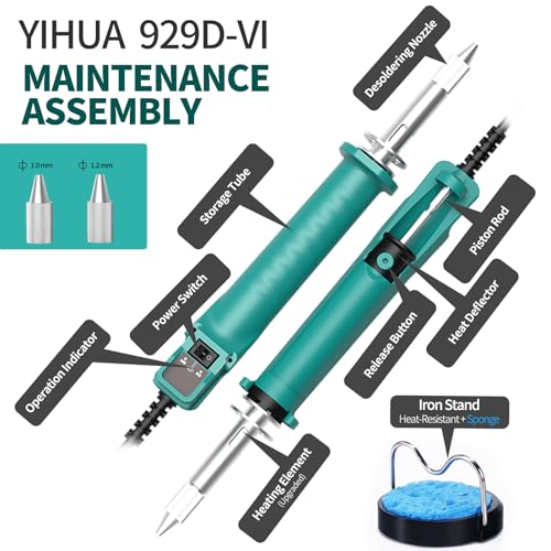 YIHUA 929D-VI Temperature-Controlled Electric Desoldering Iron with Improved Performance, Heated Desoldering Pump, 3 Nozzles and Soldering Pump Function (EU Plug)