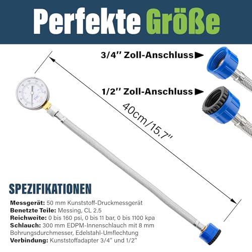 Mains Water Pressure Gauge - 0-11 Bar / 0-160 PSI | Mains water supply pressure gauge with hose tap connection - plumbing tool for home, garden and irrigation system