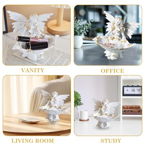 6 Inch Elegant Angel Jewelry Tray, Exquisite Resin Angel Statue Decorative Dish, Unique Jewelry Holder for Bedroom or Living Room Decor