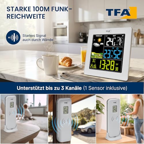 TFA Dostmann SUN2 35.1174 Digital Wireless Weather Station with Outdoor Sensor for Indoor and Outdoor Temperature, Large Color Display, with Living Climate, Includes Radio-Controlled Clock with Date, Hygrometer, with Power Adapter, White