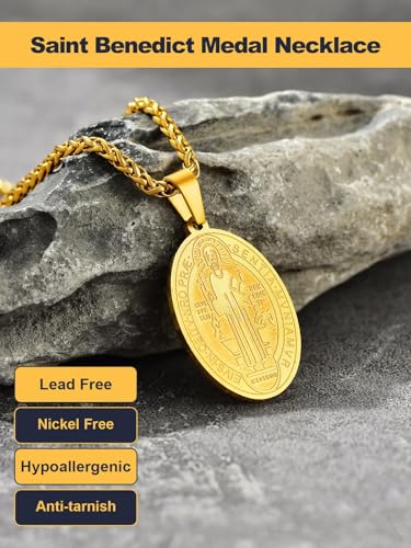 U7 Saint Benedict Medal Necklace for Men Women, Stainless Steel Catholic Pendant, Silver Gold st Crucifix Religious Protection Cross Jewellery for Faith Believers Christians, 22+2 Inches Wheat Chain