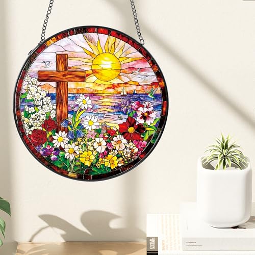 Christian Cross Sunset Ocean Stained Glass Suncatcher, 8 Inch Cross Ocean Sunset