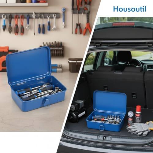 Housoutil blue portable metal toolbox with hand-carry handle for repair tools, hardware, and craft storage