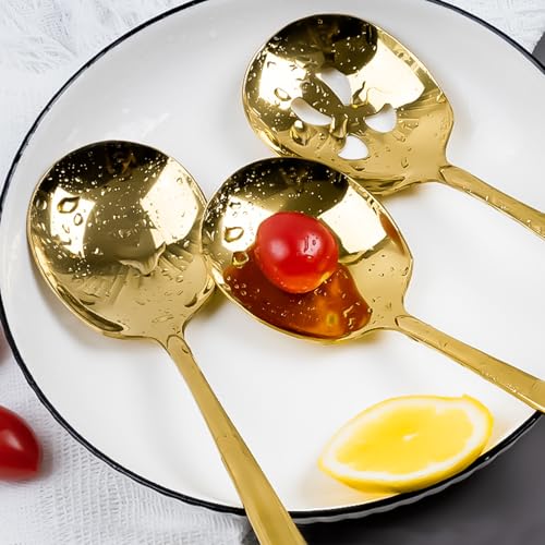 Serving Spoons Set, 9.14 Inch Slotted Spoons,Stainless Steel Gold kitchen Utensils set for Buffet(6Pack,Gold) 3 Spoons, 3 Slotted，Gold-new Tableware