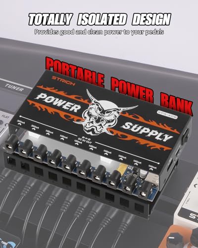 STRICH SPS-10 Guitar Pedal Power Supply, 10 Isolated DC Output for 9V/12V/18V Effect Pedal, 100mA 500mA, SPS-40B Rechargeable Guitar Pedal Power Supply with Built-in 10000mAh