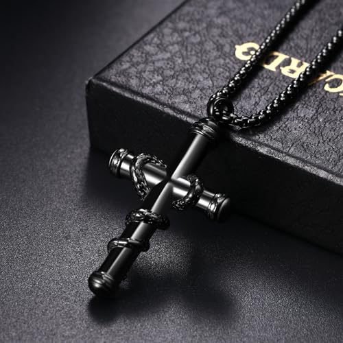 OIDEA Snake Cross Urn Necklaces for Ashes: Men Women Openable Stash Necklace with Spoon Ashes Necklace Memorial Keepsake Cremation Jewelry for Human Ashes 1. black