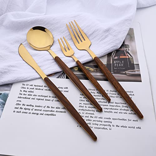 16-Piece Silverware Set with Cake Fork, Gold Stainless Steel Flatware Cutlery Set, Eating Utensils Set with Wooden effect Handle, Include Knife Fork Spoon, Mirror Polished, Dishwasher Safe Brown Gold