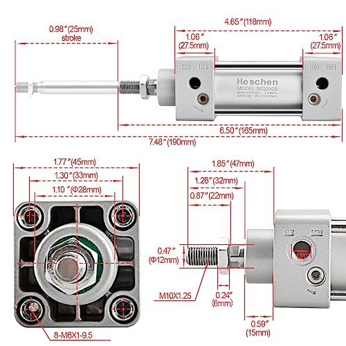 Heschen Pneumatic Standard Cylinder, SC 32-25, PT1/8'' Port, 32mm Bore, 25mm Stroke, Single Rod Double Action