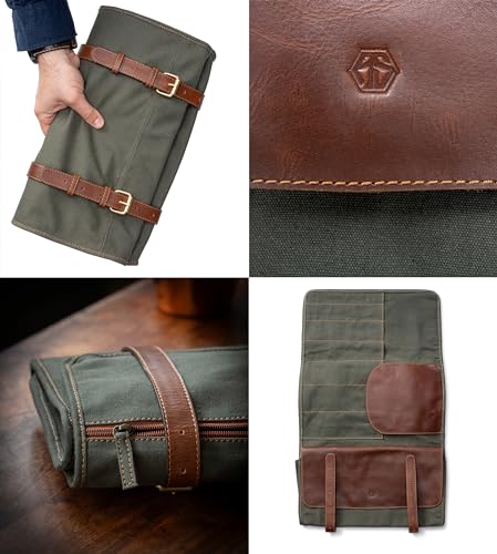 Angus Stoke XXL knife bag with 16 slots & plenty of space - multifunctional bag & tool bag made of canvas & leather - knives roll bag for chefs Marc (Olive-green) Olive-green