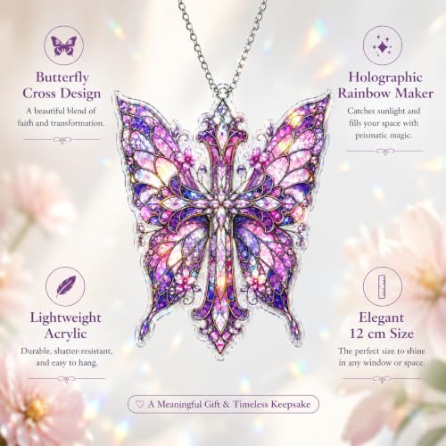 Cross Decor Suncatcher, Butterfly Stained Glass Window Hanging Purple Butterfly Cross