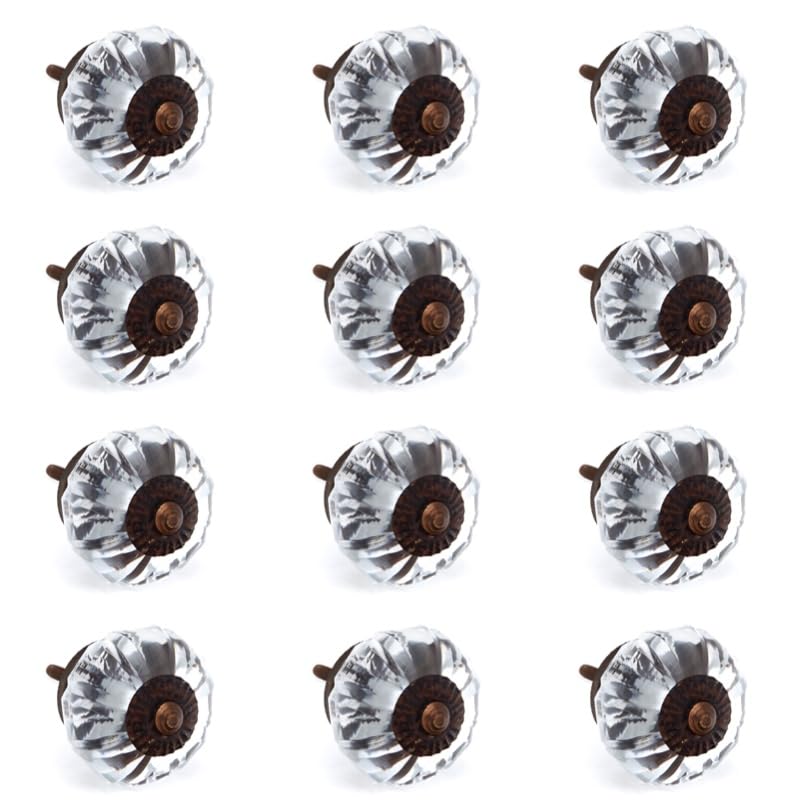 Shabby Restore Clear Glass Decorative Dresser Drawer, Kitchen Cabinet, Closets, Door Knobs, Pulls - Pack of 12